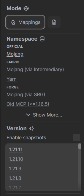 Правильна версія та мапінги, вибрані на Linkie
