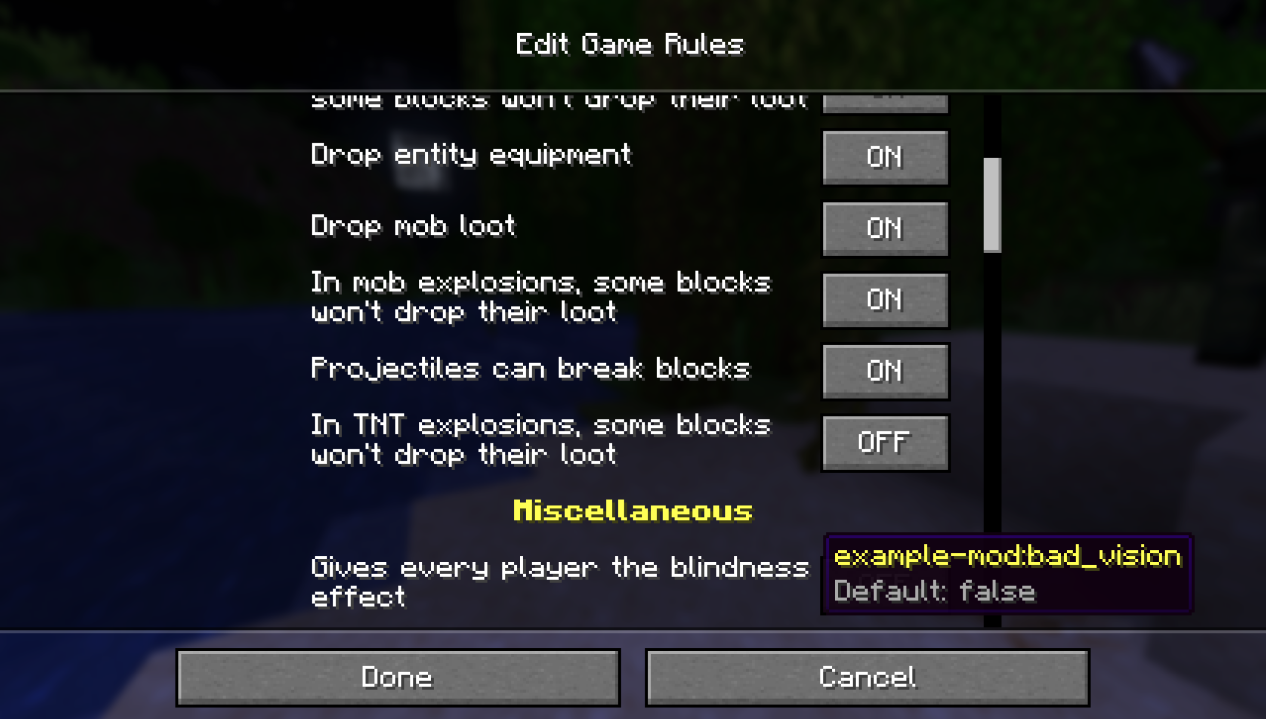 The world creation screen showing the Bad Vision game rule