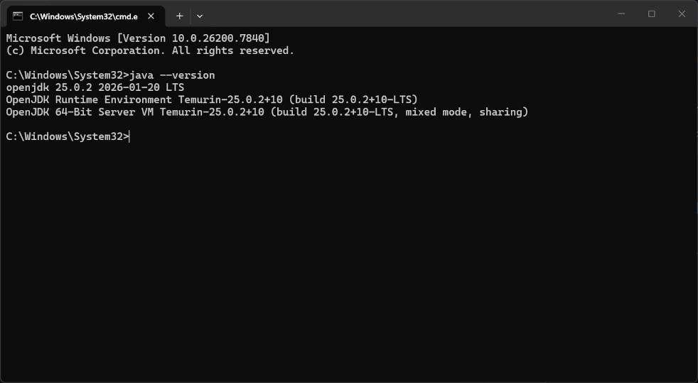 Command prompt with "java -version" typed in